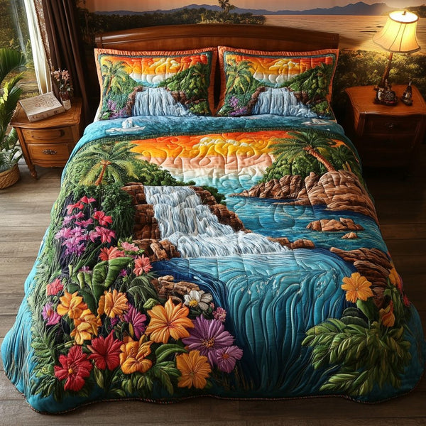 Serenity Tropic quilted 3-piece bedding set on a made bed with two matching pillow shams