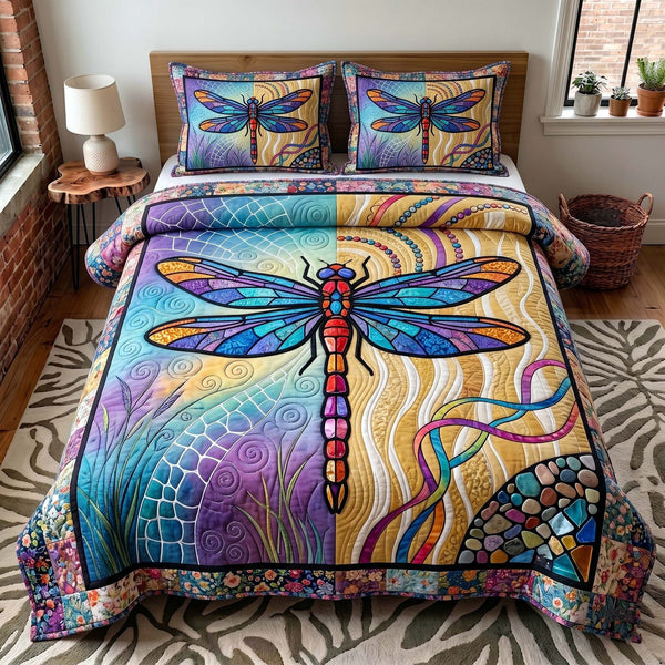 Serenity Wings quilted 3-piece bedding set on a made bed with two matching pillow shams