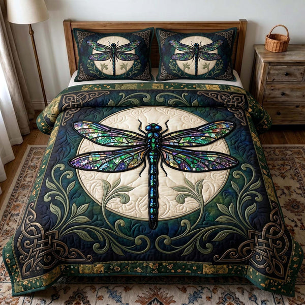 Serenity Wings quilted 3-piece bedding set on a made bed with two matching pillow shams