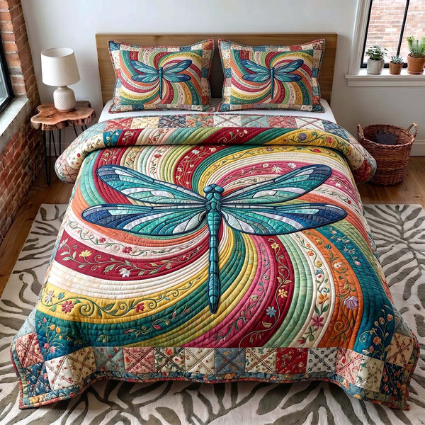 Serenity Wings quilted 3-piece bedding set on a made bed with two matching pillow shams