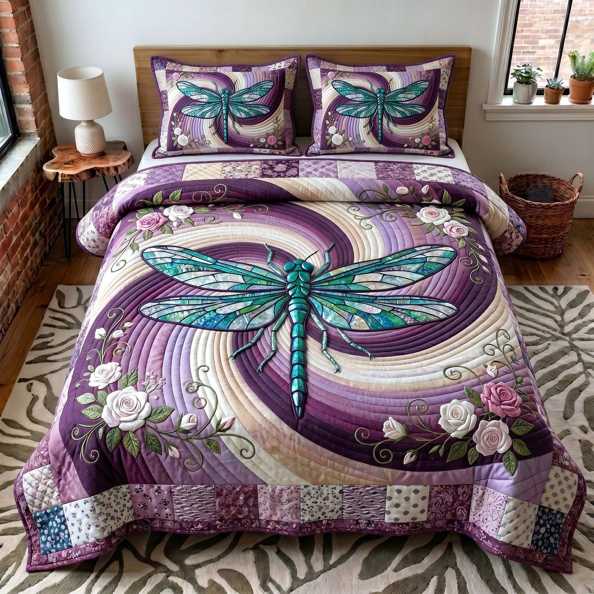 Serenity Wings quilted 3-piece bedding set on a made bed with two matching pillow shams