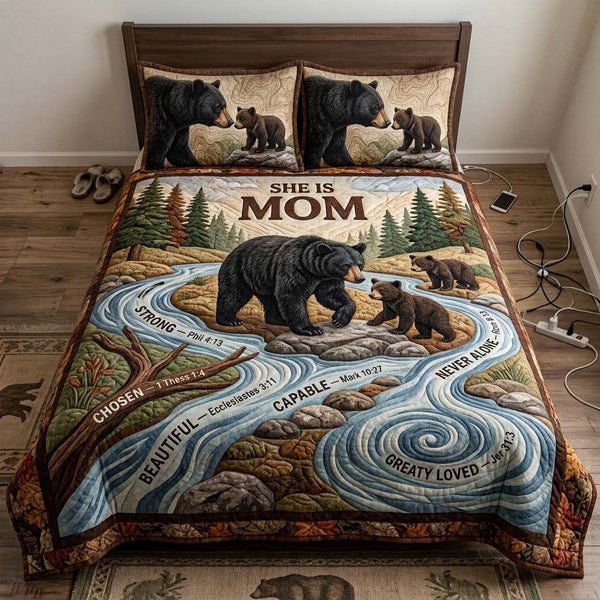Seven Promises Walking in Faith quilted 3-piece bedding set on a made bed in a softly lit bedroom