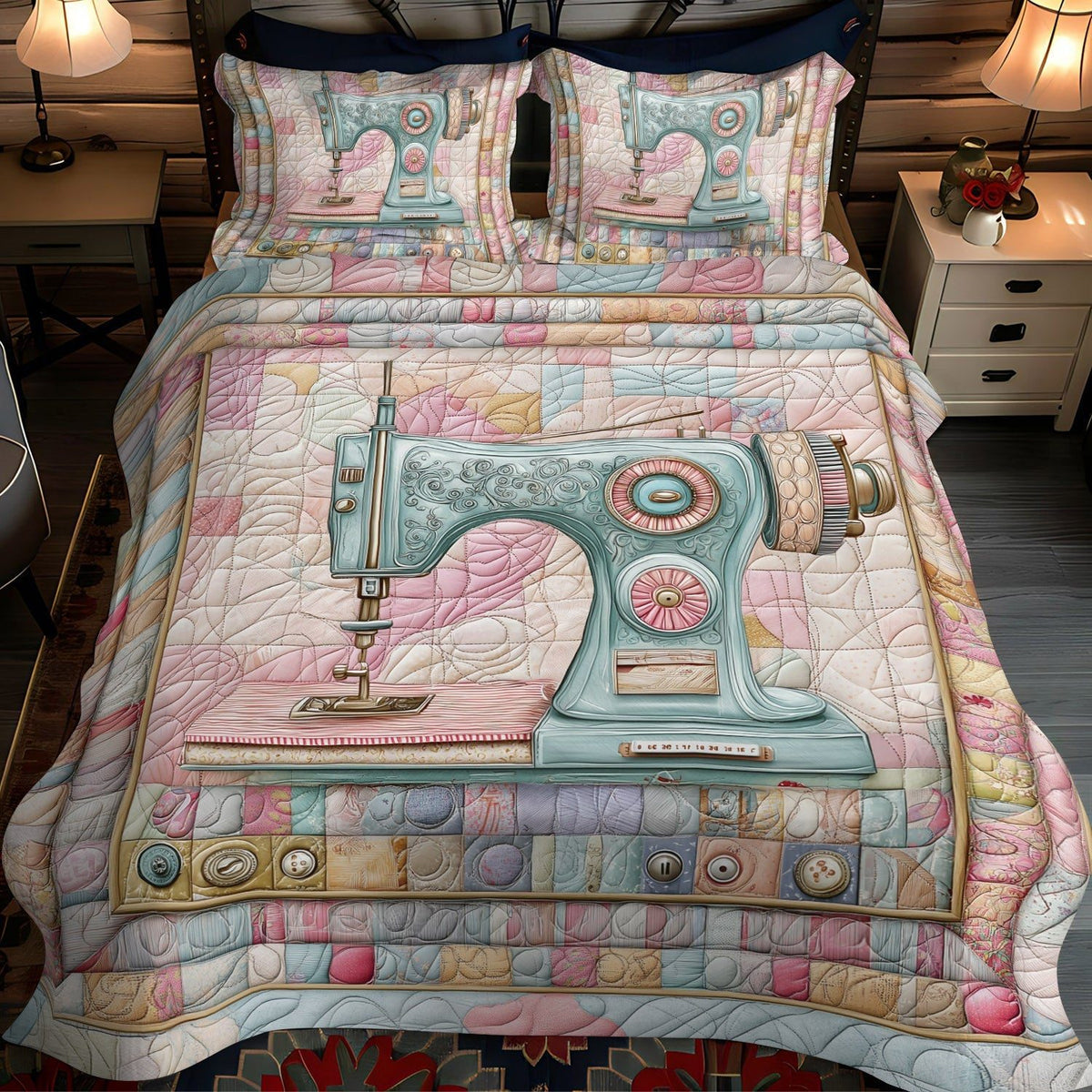 Sew Sweet quilted 3-piece bedding set on a made bed with two matching pillow shams