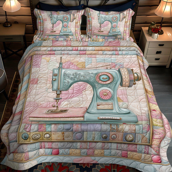 Sew Sweet quilted 3-piece bedding set on a made bed with two matching pillow shams