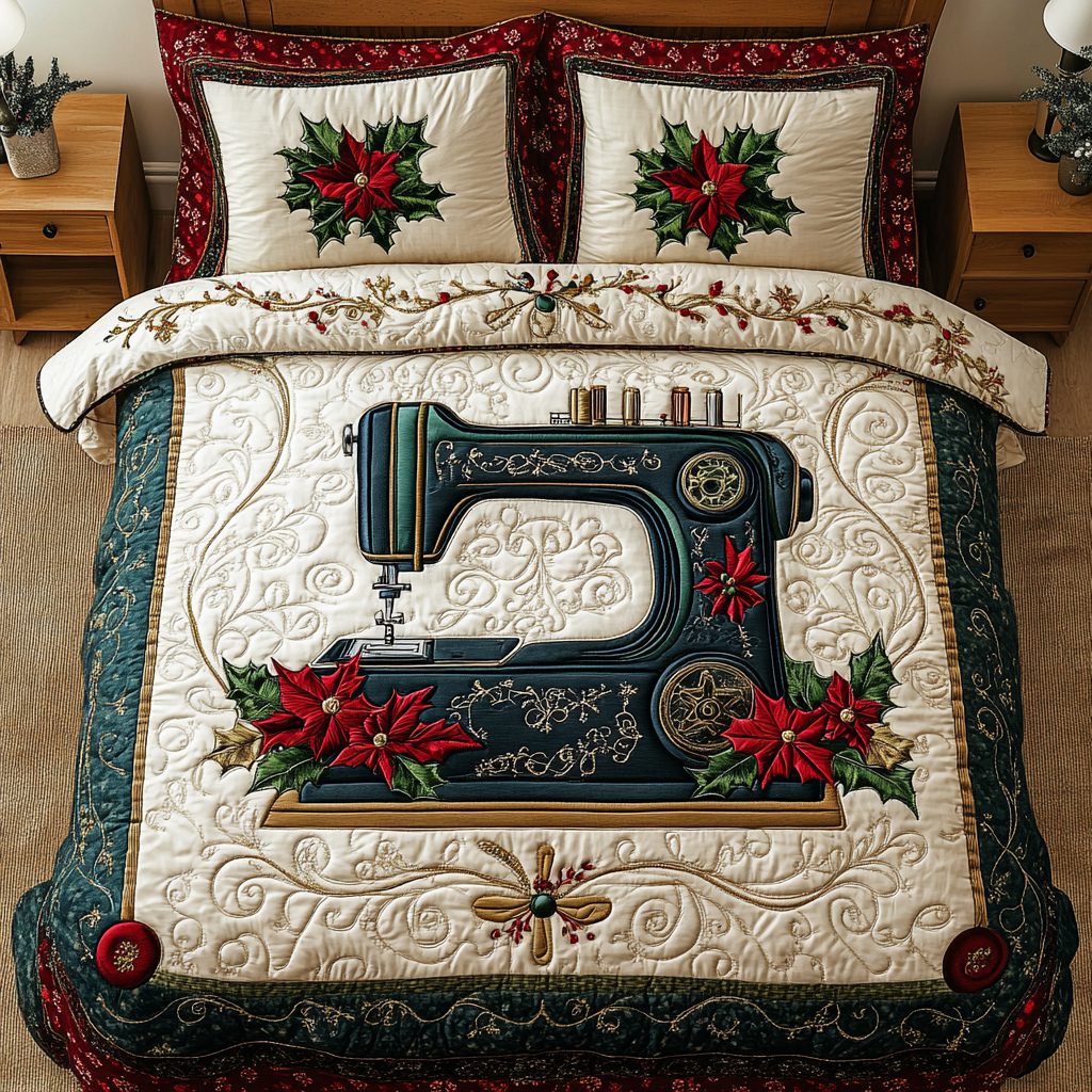 Sewing Bliss quilted 3-piece bedding set on a made bed with two matching pillow shams