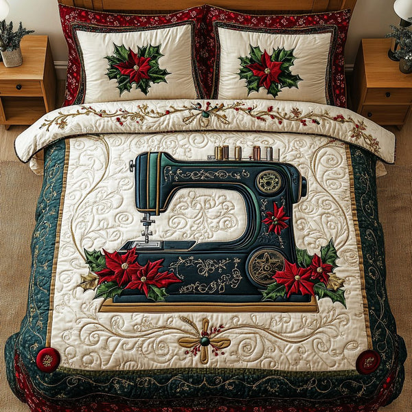 Sewing Bliss quilted 3-piece bedding set on a made bed with two matching pillow shams