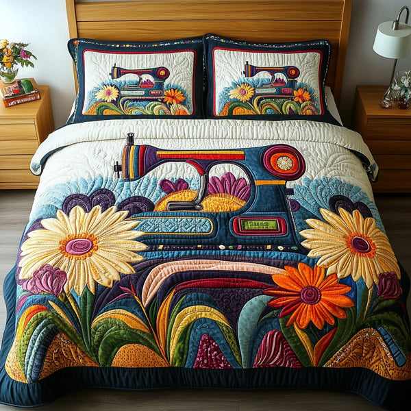 Sewing Machine Art quilted 3-piece bedding set on a made bed with two matching pillow shams