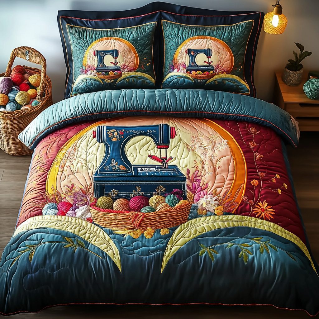 Sewing Machine Craft quilted 3-piece bedding set on a made bed with two matching pillow shams
