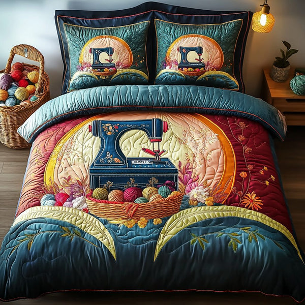 Sewing Machine Craft quilted 3-piece bedding set on a made bed with two matching pillow shams
