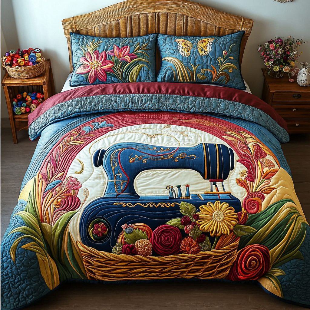 Sewing Machine Creations quilted 3-piece bedding set on a made bed with two matching pillow shams