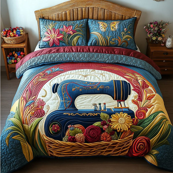 Sewing Machine Creations quilted 3-piece bedding set on a made bed with two matching pillow shams