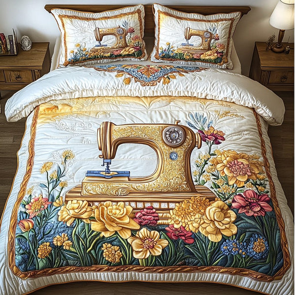Sewing Machine Elegance quilted 3-piece bedding set on a made bed with two matching pillow shams