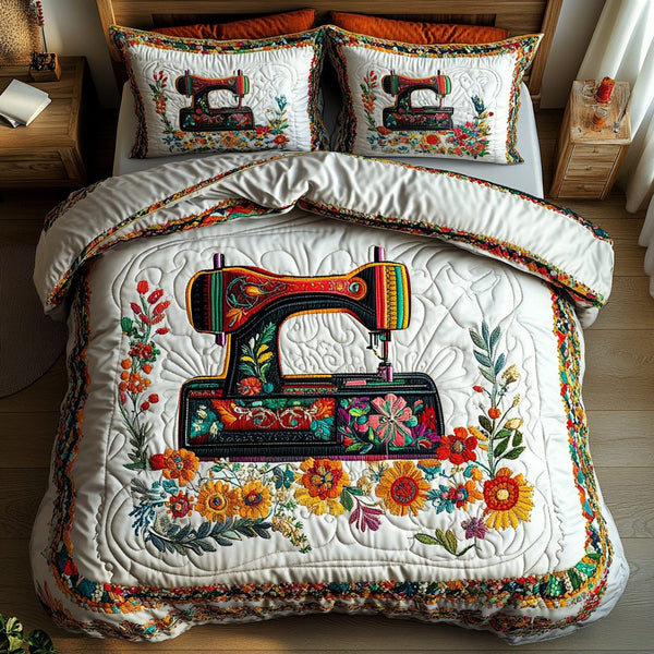 Sewing Machine Magic quilted 3-piece bedding set on a made bed with two matching pillow shams
