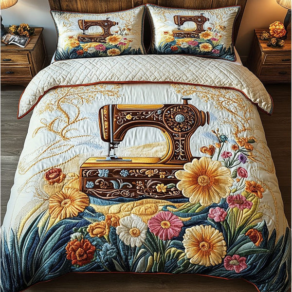 Sewing Machine Style quilted 3-piece bedding set on a made bed with two matching pillow shams