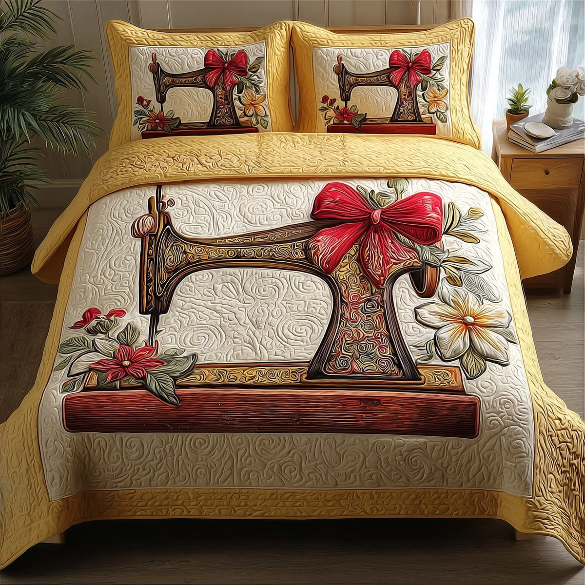 Sewing quilted 3-piece bedding set on a made bed with two matching pillow shams