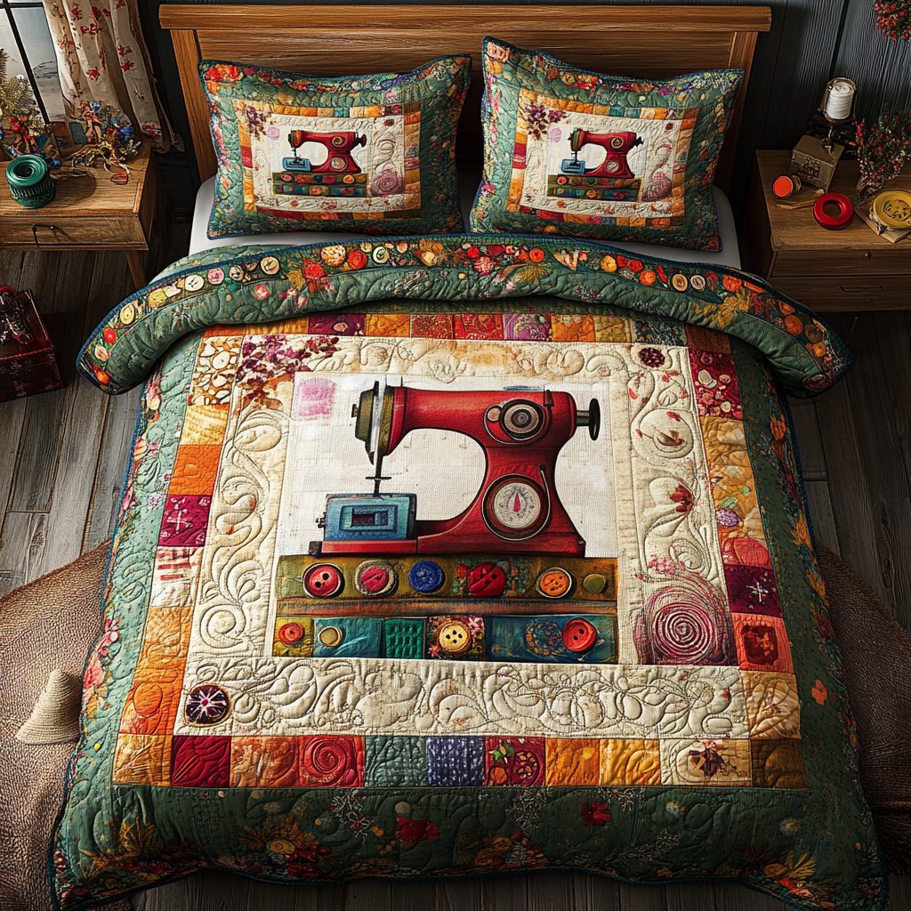 Sewing Serenity quilted 3-piece bedding set on a made bed with two matching pillow shams
