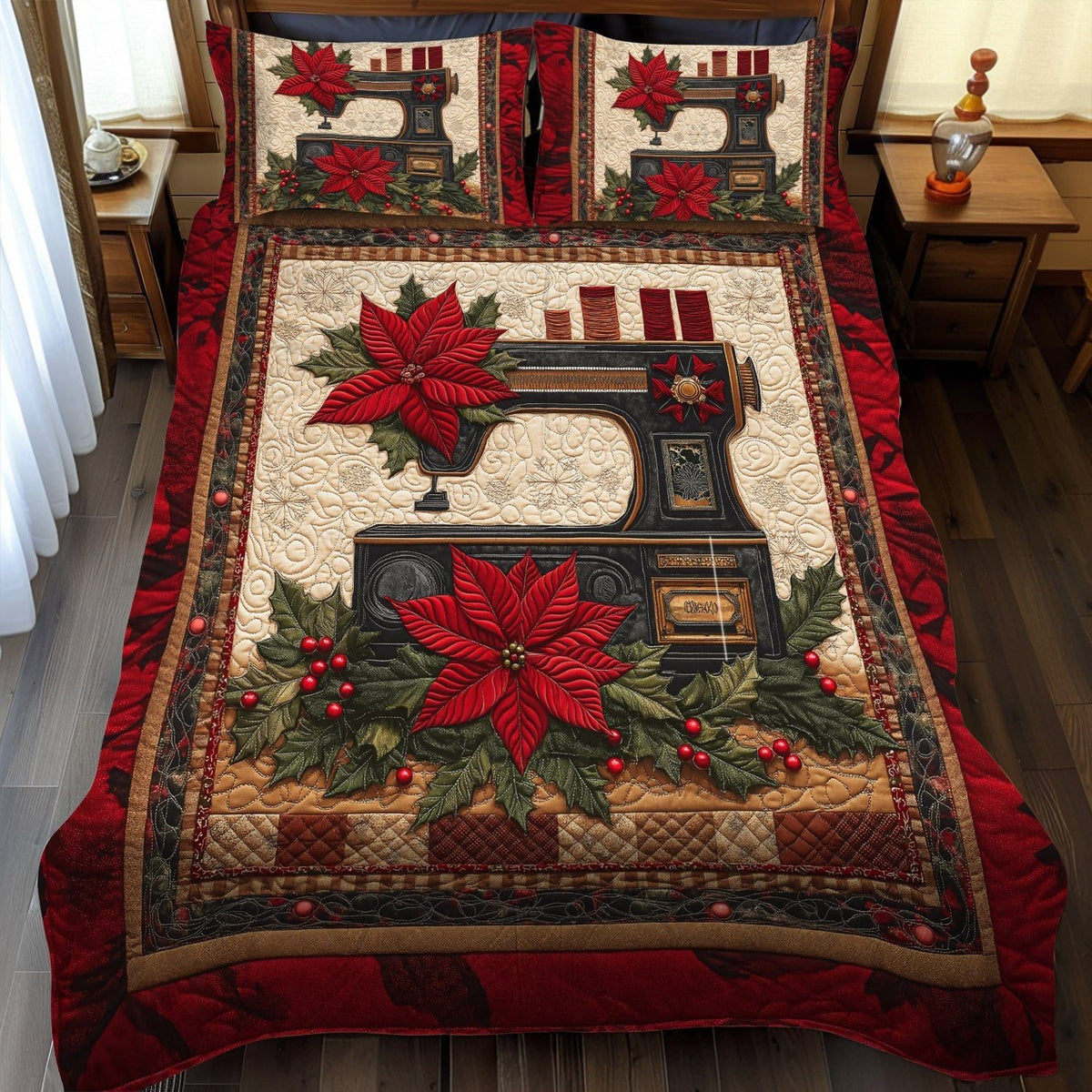 Sewing Serenity quilted 3-piece bedding set on a made bed with two matching pillow shams