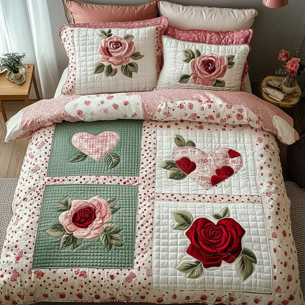 Shabby Chic Blooming Roses quilted 3-piece bedding set on a made bed in a farmhouse bedroom