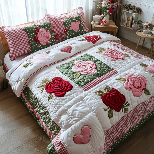 Shabby Chic Blooming Roses quilted 3-piece bedding set on a made bed in a farmhouse bedroom