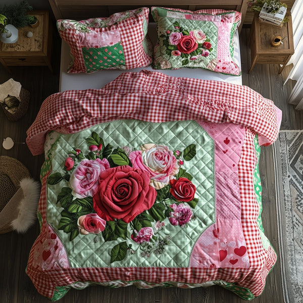 Shabby Chic Blooming Roses quilted 3-piece bedding set on a made bed in a farmhouse bedroom