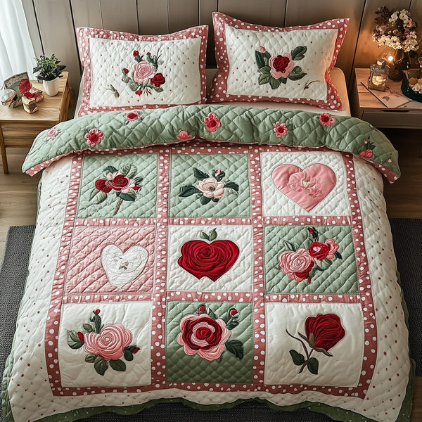 Shabby Chic Blooming Roses quilted 3-piece bedding set on a made bed in a farmhouse bedroom