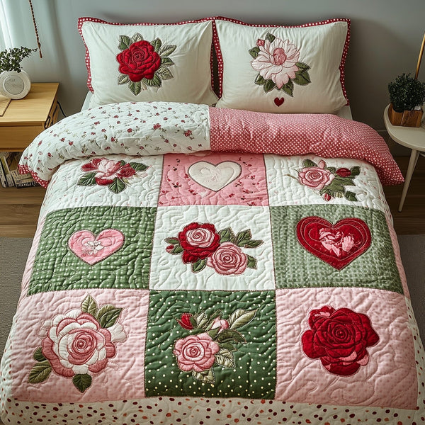Shabby Chic Blooming Roses quilted 3-piece bedding set on a made bed in a farmhouse bedroom