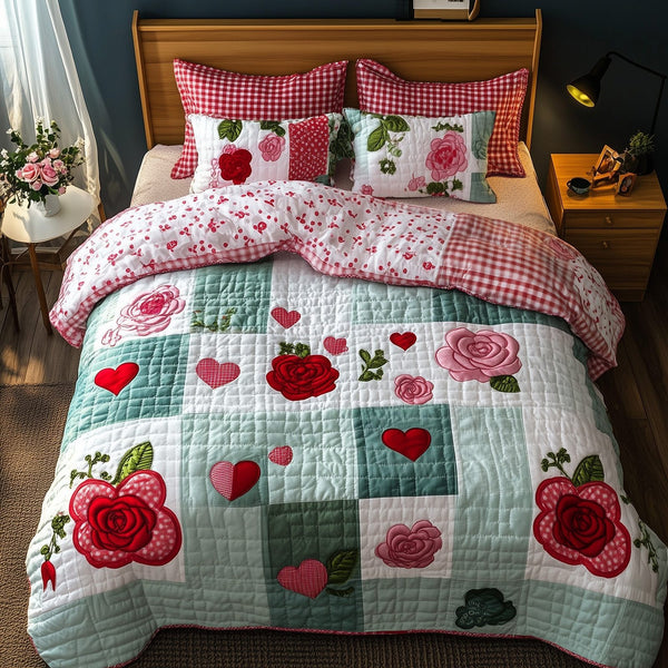 Shabby Chic Blooming Roses quilted 3-piece bedding set on a made bed in a farmhouse bedroom