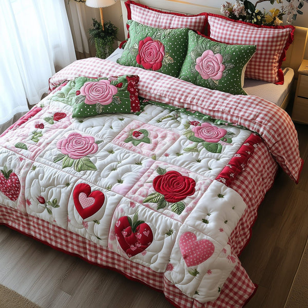 Shabby Chic Blooming Roses quilted 3-piece bedding set on a made bed in a farmhouse bedroom