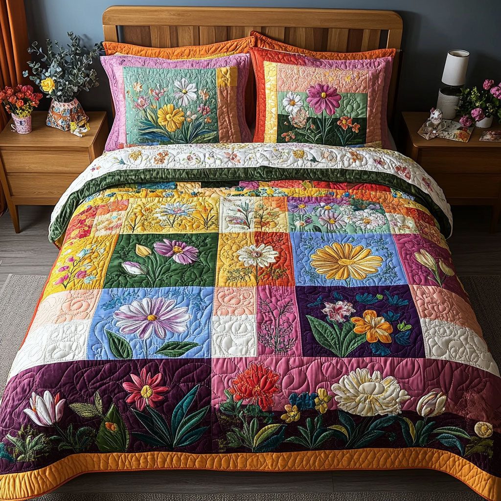 Shabby Chic Meadow quilted 3-piece bedding set on a made bed in a farmhouse bedroom