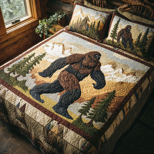 Shadow Bigfoot quilted 3-piece bedding set on a made bed with two matching pillow shams