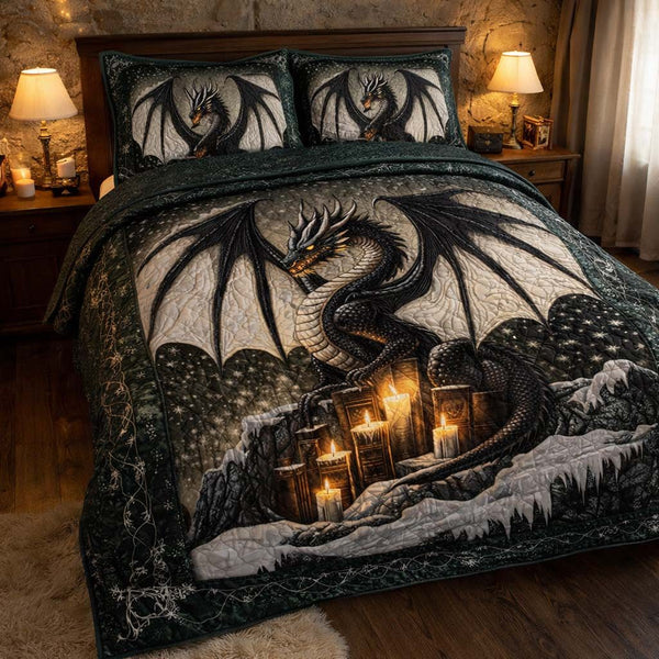 Shadow Candle Dragon quilted 3-piece bedding set on a made bed with two matching pillow shams