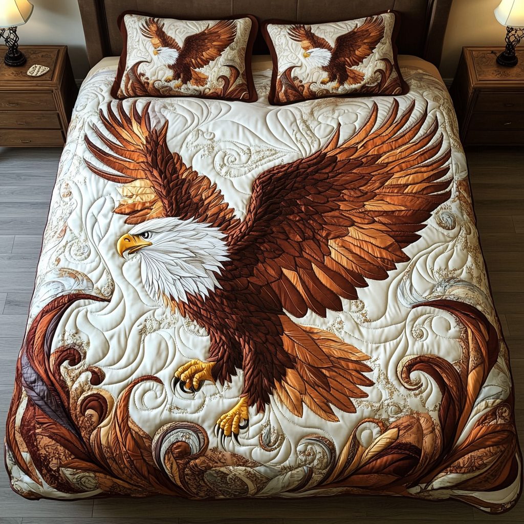 Shadow Claw quilted 3-piece bedding set on a made bed with two matching pillow shams