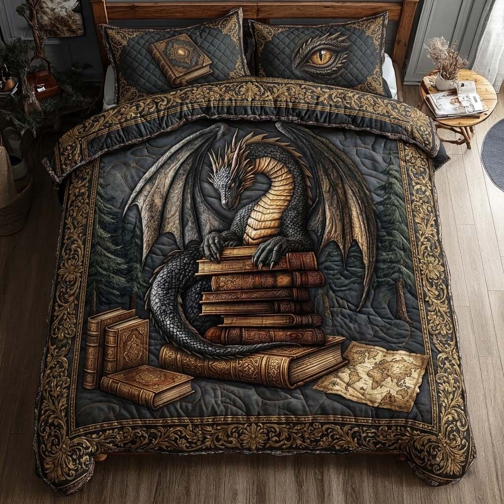 Shadow Dragon Library quilted 3-piece bedding set on a made bed with two matching pillow shams