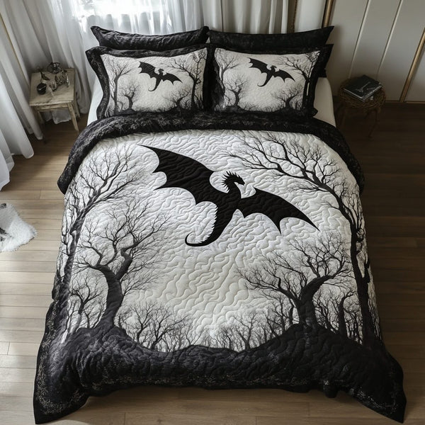 Shadow Dragon quilted 3-piece bedding set on a made bed with two matching pillow shams
