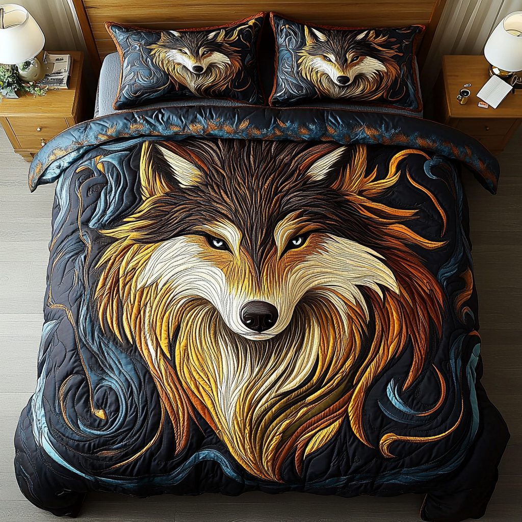Shadow Fang quilted 3-piece bedding set on a made bed with two matching pillow shams