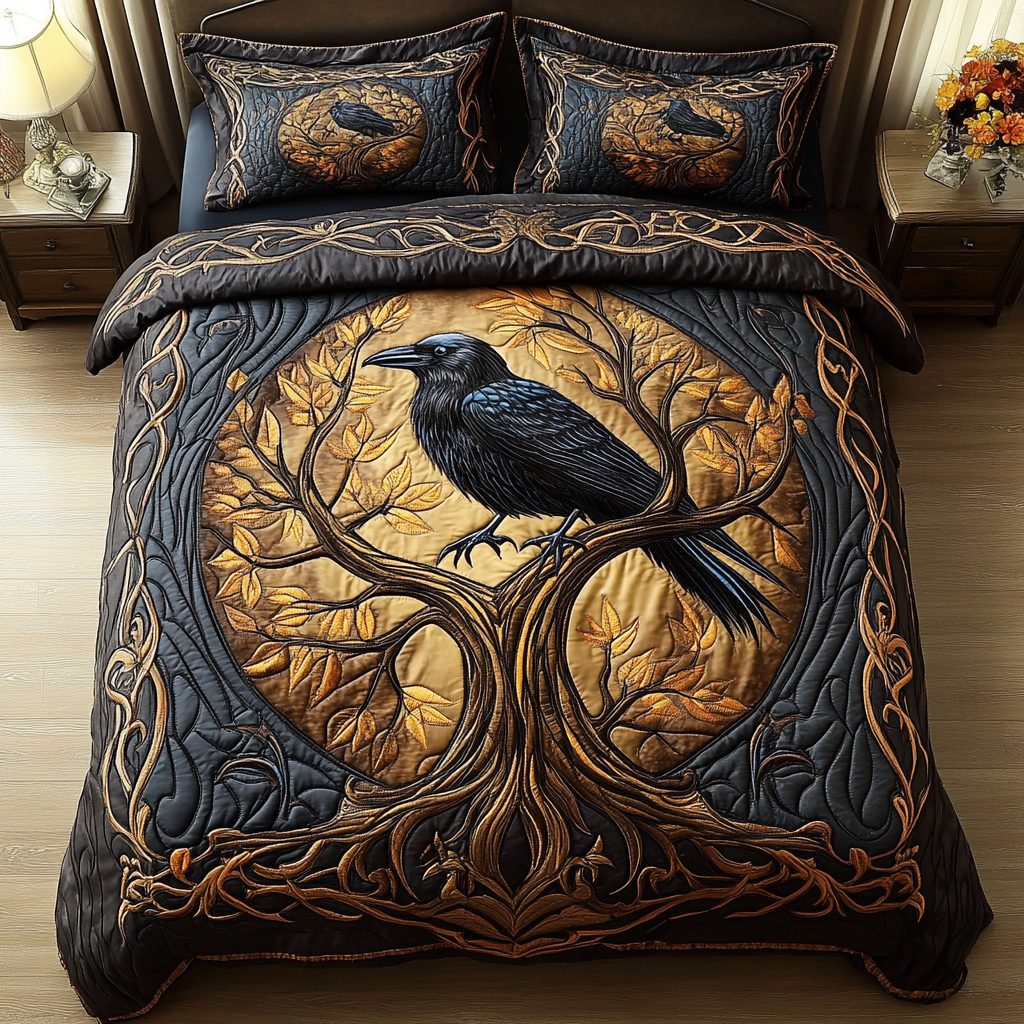 Shadow Flight quilted 3-piece bedding set on a made bed with two matching pillow shams