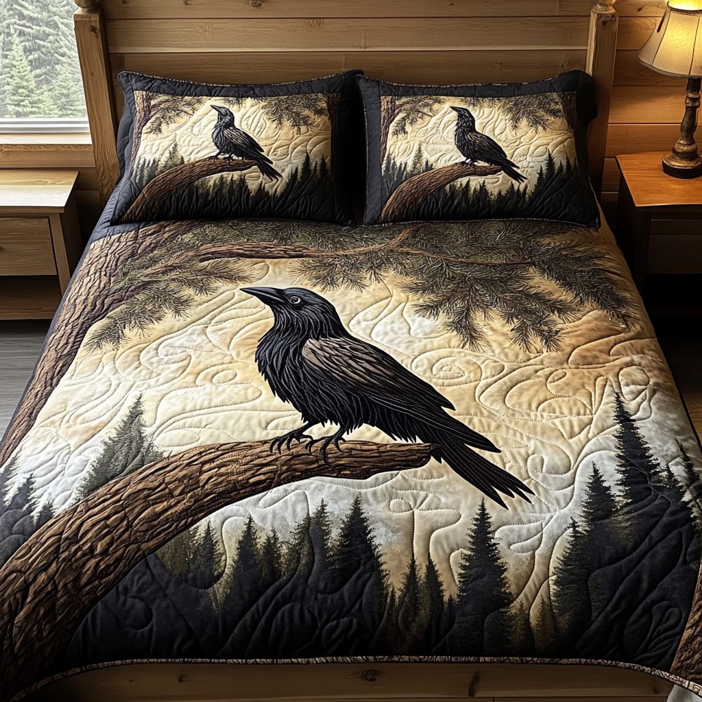 Shadow Flight quilted 3-piece bedding set on a made bed with two matching pillow shams