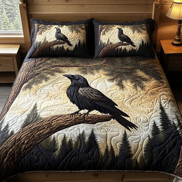 Shadow Flight quilted 3-piece bedding set on a made bed with two matching pillow shams