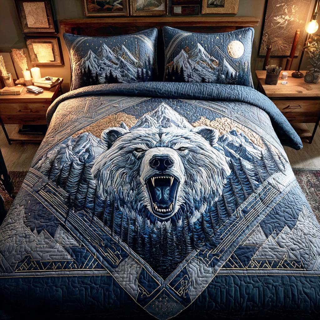 Shadow Paw quilted 3-piece bedding set on a made bed with two matching pillow shams