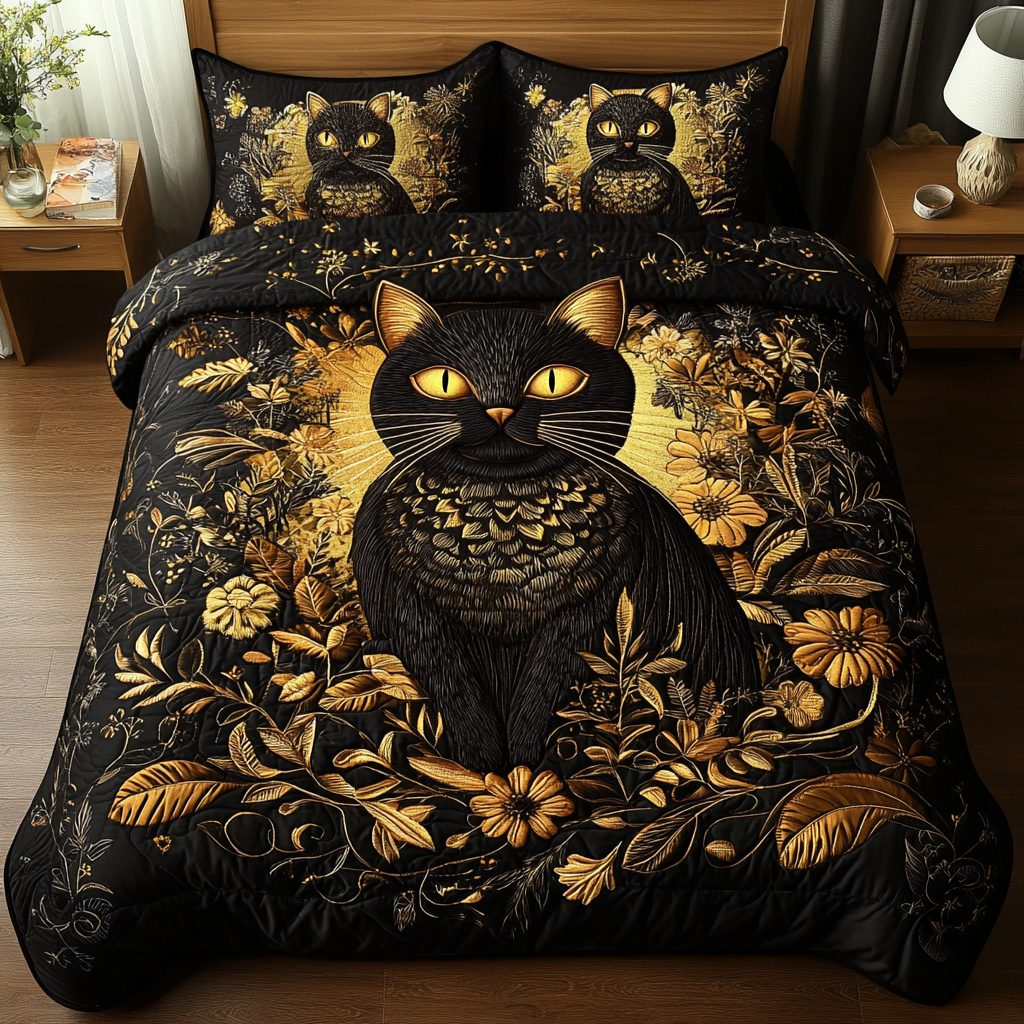 Shadow Paws quilted 3-piece bedding set on a made bed with two matching pillow shams