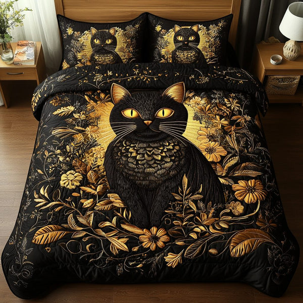 Shadow Paws quilted 3-piece bedding set on a made bed with two matching pillow shams