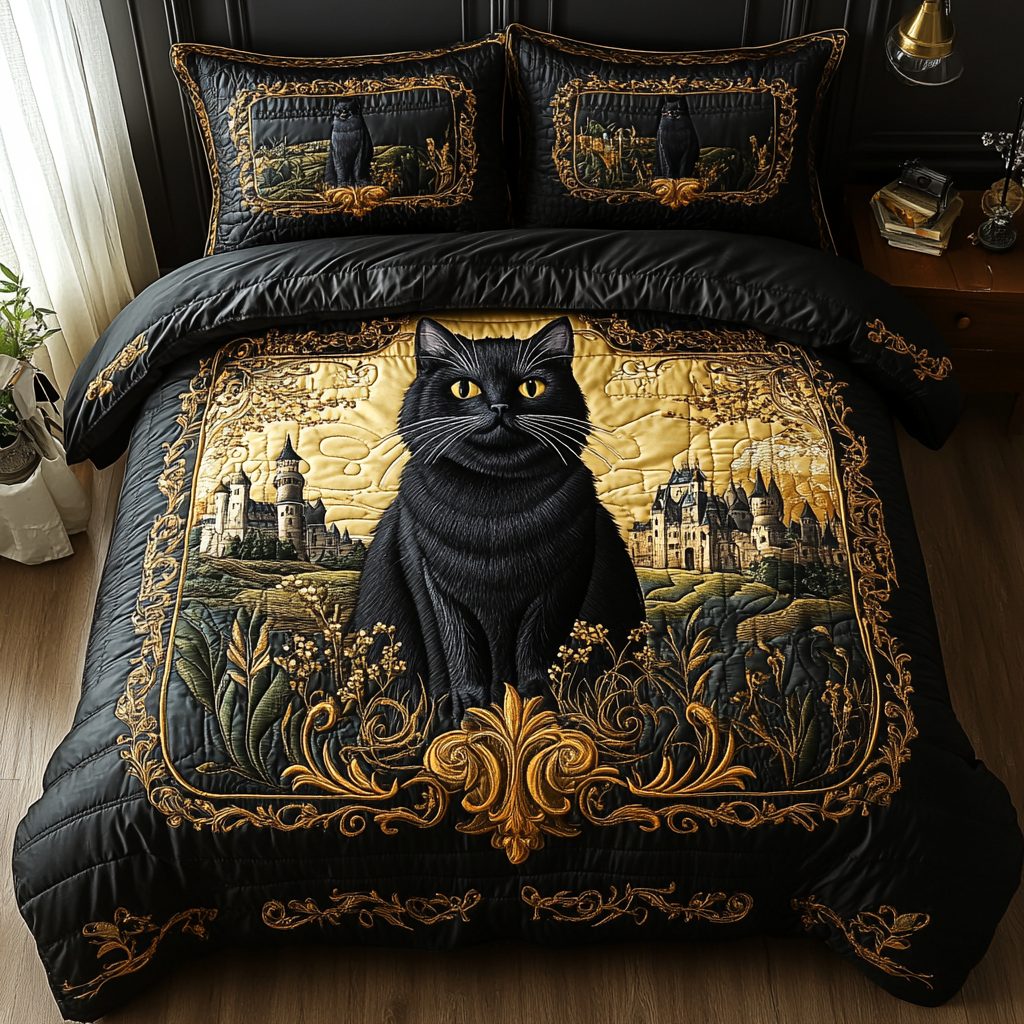 Shadow Paws quilted 3-piece bedding set on a made bed with two matching pillow shams