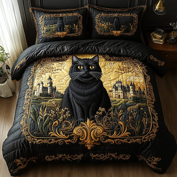 Shadow Paws quilted 3-piece bedding set on a made bed with two matching pillow shams