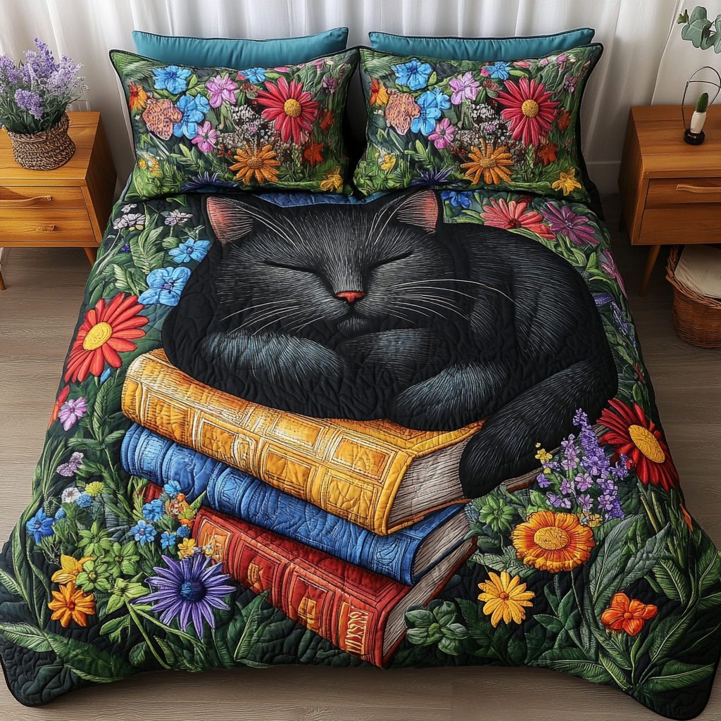 Shadow Paws quilted 3-piece bedding set on a made bed with two matching pillow shams