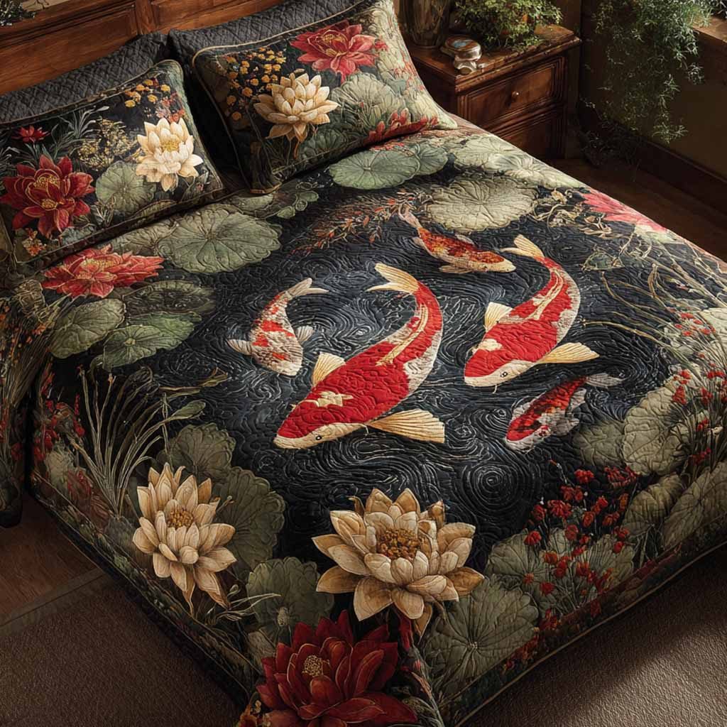 Shadow Pond quilted 3-piece bedding set on a made bed with two matching pillow shams