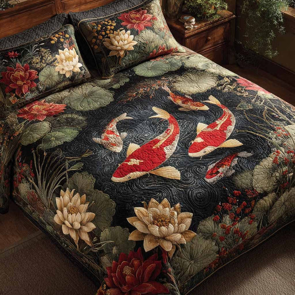 Shadow Pond quilted 3-piece bedding set on a made bed with two matching pillow shams