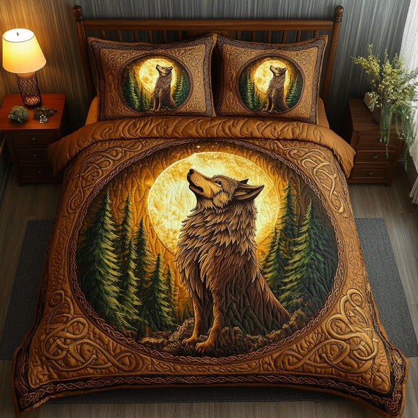 Shadow Prowl quilted 3-piece bedding set on a made bed with two matching pillow shams