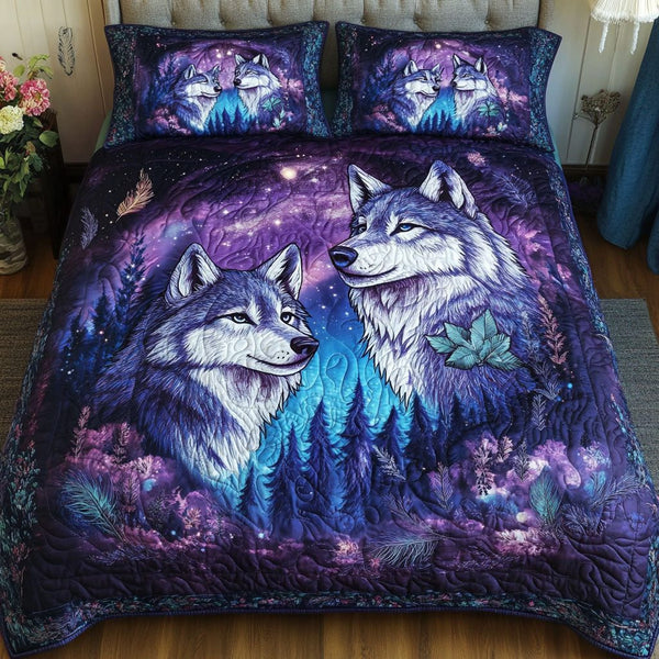 Shadow Prowler quilted 3-piece bedding set on a made bed with two matching pillow shams