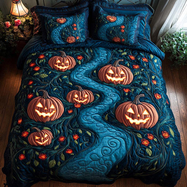 Shadow Spells quilted 3-piece bedding set on a made bed with two matching pillow shams