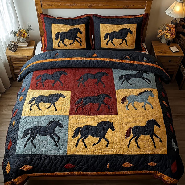 Shadow Stallion quilted 3-piece bedding set on a made bed in a rustic timber bedroom